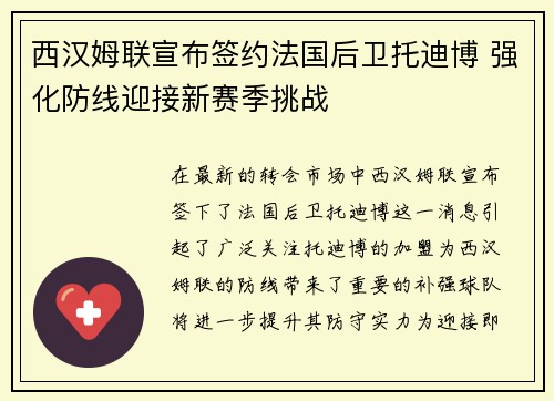 西汉姆联宣布签约法国后卫托迪博 强化防线迎接新赛季挑战